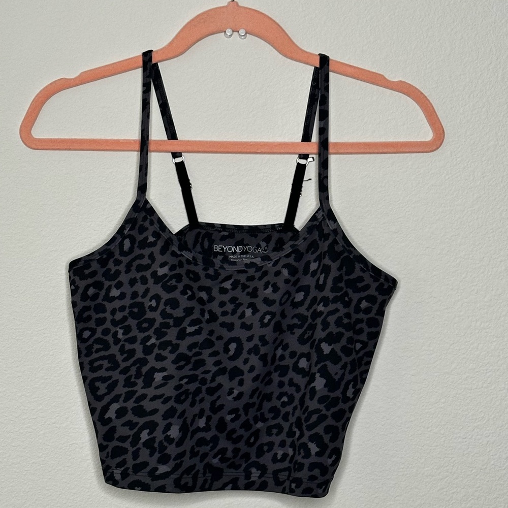 Beyond Yoga: Skin tight, gray leopard print crop top
